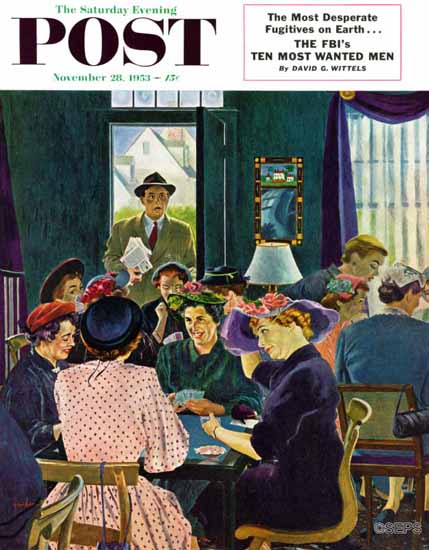 George Hughes Saturday Evening Post Bridge Party 1953_11_28 | The Saturday Evening Post Graphic Art Covers 1931-1969