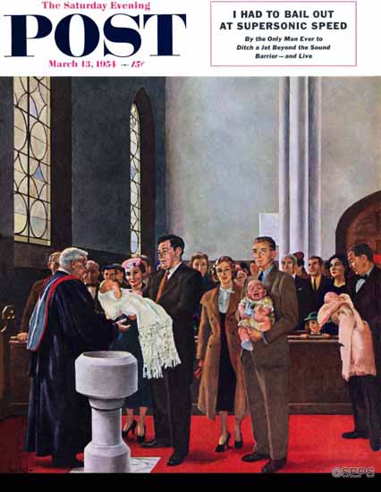 George Hughes Saturday Evening Post Christening or Baptism 1954_03_13 | The Saturday Evening Post Graphic Art Covers 1931-1969