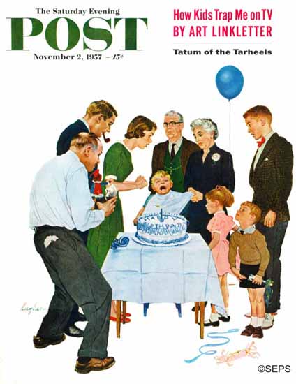 George Hughes Saturday Evening Post First Birthday 1957_11_02 | The Saturday Evening Post Graphic Art Covers 1931-1969