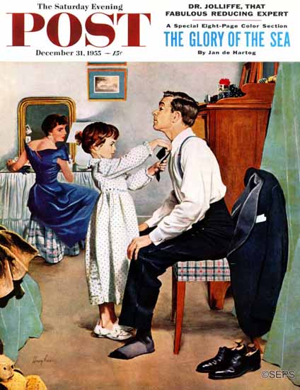 George Hughes Saturday Evening Post Fixing Fathers Tie 1955_12_31 | The Saturday Evening Post Graphic Art Covers 1931-1969