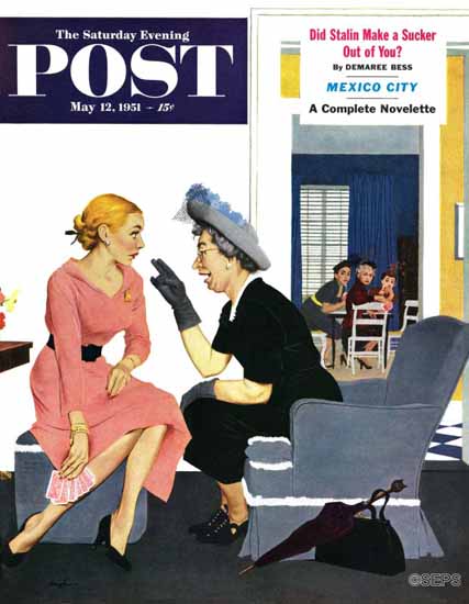 George Hughes Saturday Evening Post Gossiping Neighbor 1951_05_12 | The Saturday Evening Post Graphic Art Covers 1931-1969