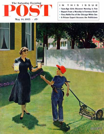 George Hughes Saturday Evening Post Lemonade Lawnboy 1955_05_14 | The Saturday Evening Post Graphic Art Covers 1931-1969