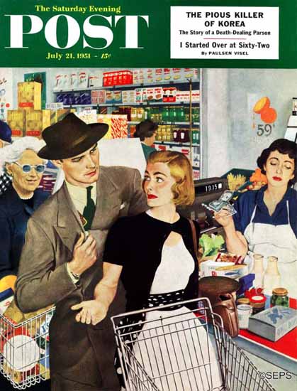 George Hughes Saturday Evening Post More Money Honey 1951_07_21 | The Saturday Evening Post Graphic Art Covers 1931-1969