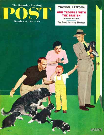 George Hughes Saturday Evening Post Puppy Sale 1951_10_06 | The Saturday Evening Post Graphic Art Covers 1931-1969