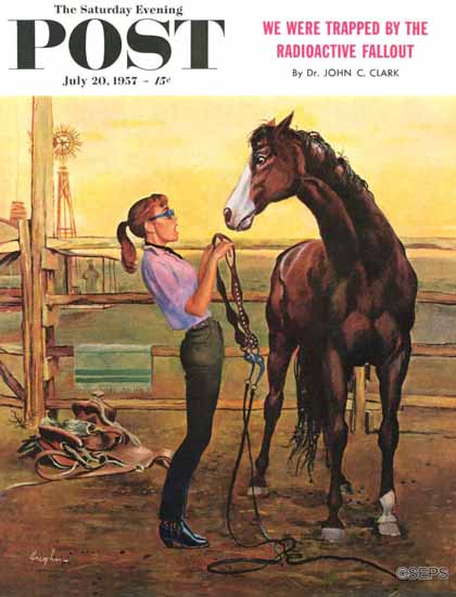 George Hughes Saturday Evening Post Putting on the Bridle 1957_07_20 | The Saturday Evening Post Graphic Art Covers 1931-1969