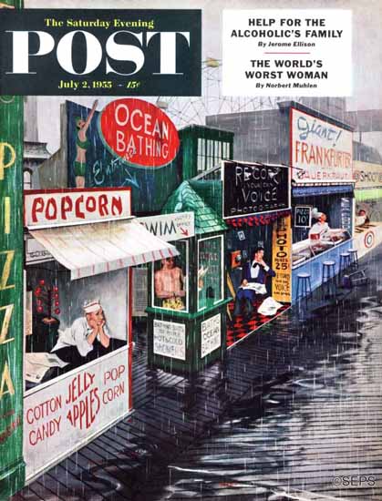 George Hughes Saturday Evening Post Rain on the Boardwalk 1955_07_02 | The Saturday Evening Post Graphic Art Covers 1931-1969