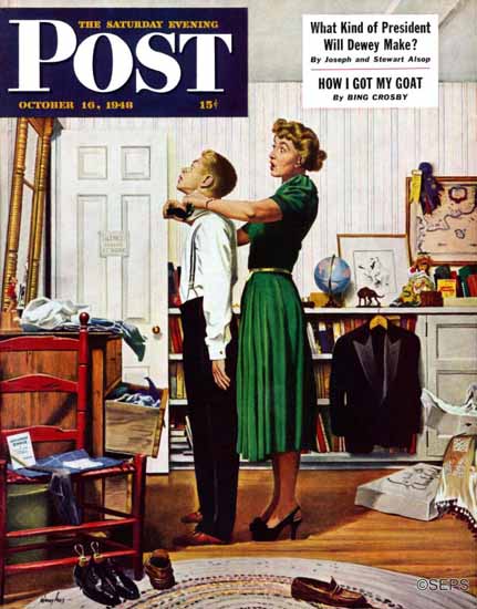 George Hughes Saturday Evening Post Readying for First Date 1948_10_16 | The Saturday Evening Post Graphic Art Covers 1931-1969