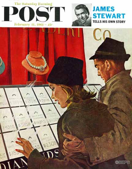 George Hughes Saturday Evening Post Selecting the Ring 1961_02_11 | The Saturday Evening Post Graphic Art Covers 1931-1969