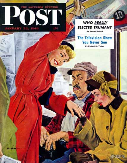 George Hughes Saturday Evening Post Showing Off Her Ring 1949_01_22 | The Saturday Evening Post Graphic Art Covers 1931-1969