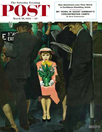 George Hughes Saturday Evening Post Subway Girl Easter Lily 1953_03_28 | The Saturday Evening Post Graphic Art Covers 1931-1969