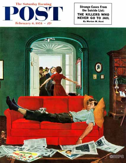 George Hughes Saturday Evening Post Sunday Visitors 1954_02_06 | The Saturday Evening Post Graphic Art Covers 1931-1969