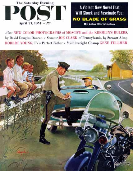 George Hughes Saturday Evening Post Ticket for Roadster 1957_04_27 | The Saturday Evening Post Graphic Art Covers 1931-1969