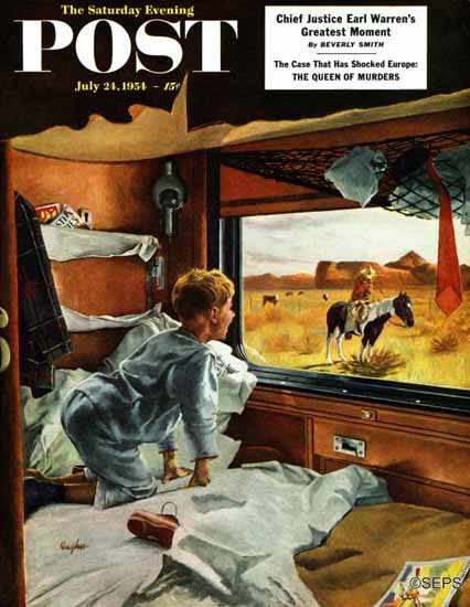 George Hughes Saturday Evening Post Train Window on West 1954_07_24 | The Saturday Evening Post Graphic Art Covers 1931-1969