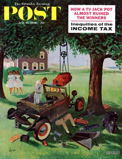 George Hughes Saturday Evening Post Working on the Jalopy 1961_07_15 | The Saturday Evening Post Graphic Art Covers 1931-1969