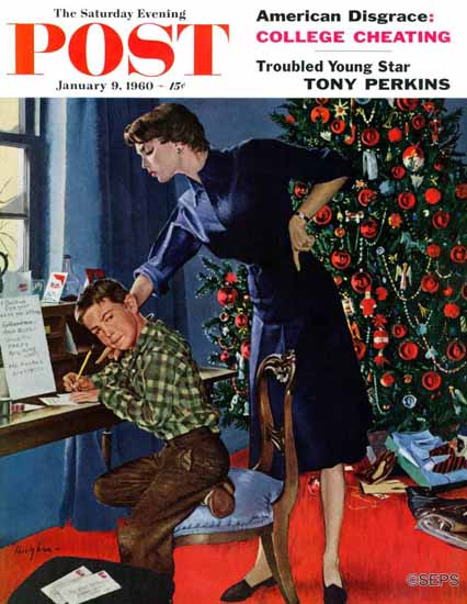 George Hughes Saturday Evening Post Xmas Thank You Notes 1960_01_09 | The Saturday Evening Post Graphic Art Covers 1931-1969