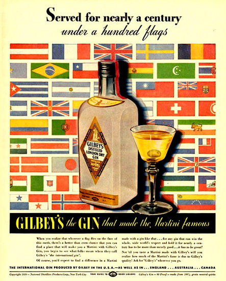 Gilbeys Gin Served For Nearly A Century 1939 | Vintage Ad and Cover Art 1891-1970