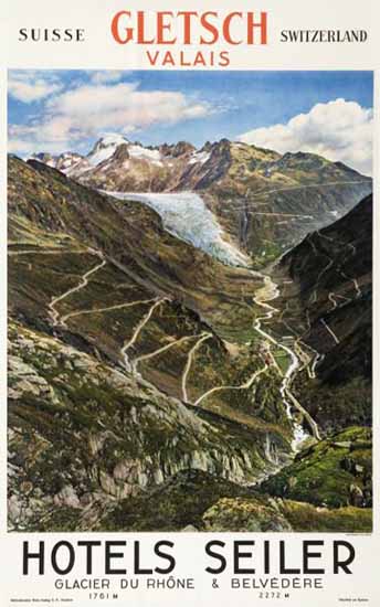 Gletsch Valais Hotels Seiler Glacier Switzerland 1935 | Vintage Travel Posters 1891-1970