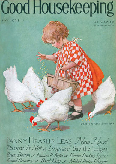 Good Housekeeping Copyright 1925 Girl Feeding Chickens | Vintage Ad and Cover Art 1891-1970