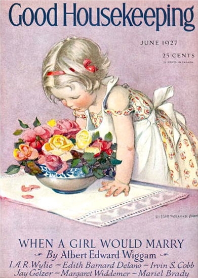 Good Housekeeping Copyright 1927 Little Girl And Flowers | Vintage Ad and Cover Art 1891-1970