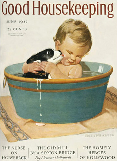 Good Housekeeping Copyright 1932 Kid Dog Having A Bath | Vintage Ad and Cover Art 1891-1970