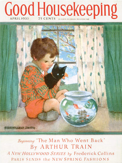 Good Housekeeping Copyright 1933 Kid Goldfish And Cat | Vintage Ad and Cover Art 1891-1970