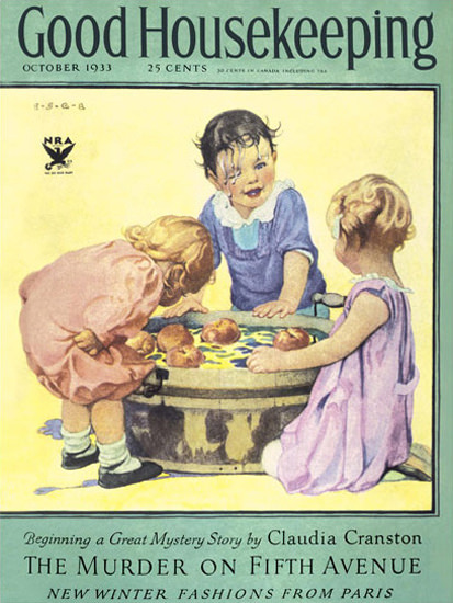 Good Housekeeping Copyright 1933 Kids Bobbing Apples | Vintage Ad and Cover Art 1891-1970