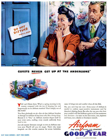 GoodYear Airfoam Guests Never Get Up 1944 | Vintage Ad and Cover Art 1891-1970