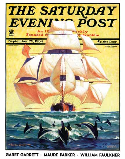 Gordon Grant Saturday Evening Post Dolphins and Ship 1934_09_29 | The Saturday Evening Post Graphic Art Covers 1931-1969