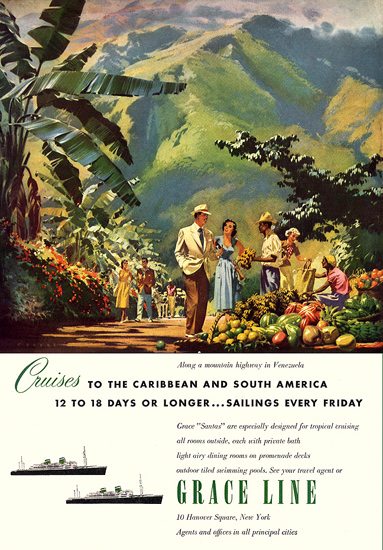 Grace Line Cruises Caribbean S America 1951 | Vintage Travel Posters 1891-1970