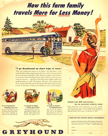 Greyhound Farm Family Travels More 1950 | Vintage Travel Posters 1891-1970