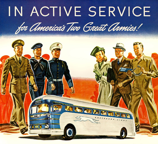 Greyhound For Americas Two Great Armies 1942 | Vintage War Propaganda Posters 1891-1970