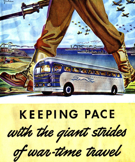 Greyhound Keeping Pace With War Travel 1942 | Vintage War Propaganda Posters 1891-1970