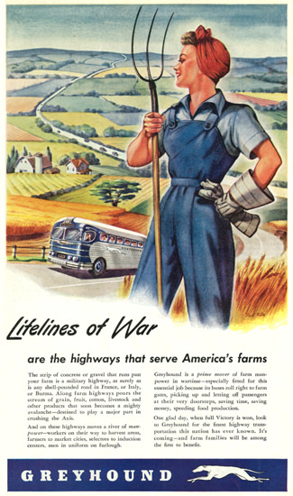 Greyhound Lifelines Of War 1944 Farmer Woman | Sex Appeal Vintage Ads and Covers 1891-1970