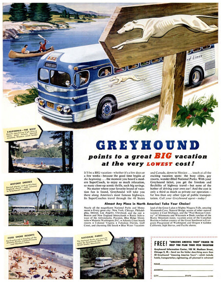 Greyhound Points To A Great Big Vacation 1950 | Vintage Travel Posters 1891-1970