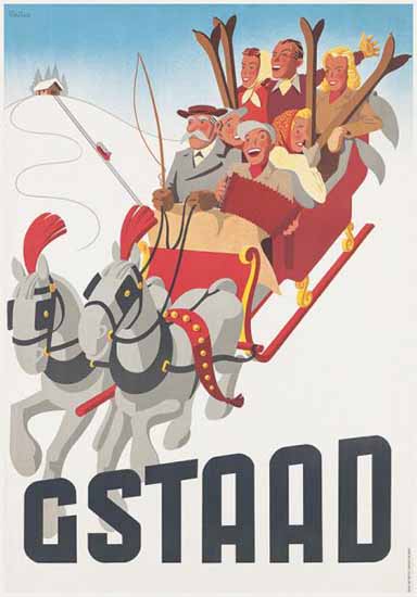 Gstaad Sleigh Ride Bernese Oberland Switzerland 1942 | Vintage Travel Posters 1891-1970