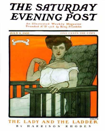 Guernsey Moore Saturday Evening Post Lady and the Ladder 1905_07_08 | The Saturday Evening Post Graphic Art Covers 1892-1930