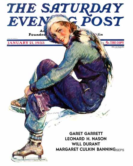 Guy Hoff Saturday Evening Post Woman Skater 1933_01_21 | The Saturday Evening Post Graphic Art Covers 1931-1969