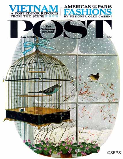 Gyo Fujikawa Saturday Evening Post Bird Talk 1962_01_06 | The Saturday Evening Post Graphic Art Covers 1931-1969