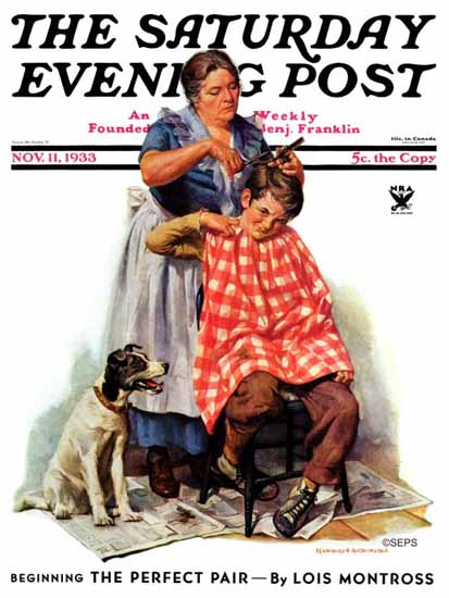 Harold Anderson Saturday Evening Post Kitchen Haircut 1933_11_11 | The Saturday Evening Post Graphic Art Covers 1931-1969