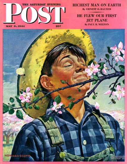 Howard Scott Saturday Evening Post Apple Blossoms 1944_05_06 | The Saturday Evening Post Graphic Art Covers 1931-1969