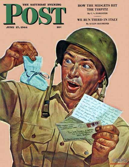 Howard Scott Saturday Evening Post Baby Booties Surprise 1944_06_17 | The Saturday Evening Post Graphic Art Covers 1931-1969