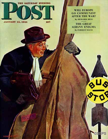 Howard Scott Saturday Evening Post Bass Fiddle at Bus Stop 1944_01_22 | The Saturday Evening Post Graphic Art Covers 1931-1969