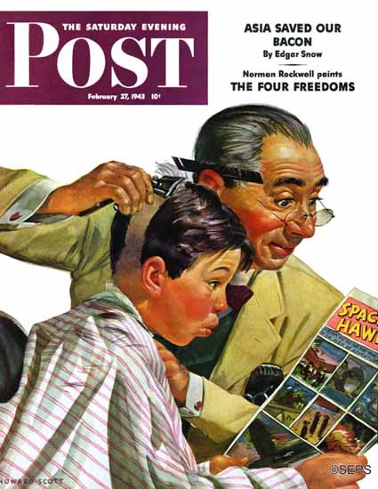 Howard Scott Saturday Evening Post Comical Haircut 1943_02_27 | The Saturday Evening Post Graphic Art Covers 1931-1969