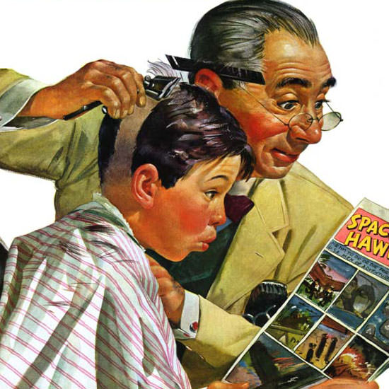 Howard Scott Saturday Evening Post Haircut 1943_02_27 Copyright crop | Best of Vintage Cover Art 1900-1970