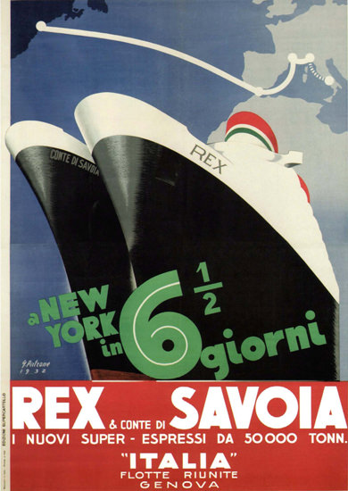 Italia Flotte Riunite Genova Rex Conte 1932 | Vintage Travel Posters 1891-1970