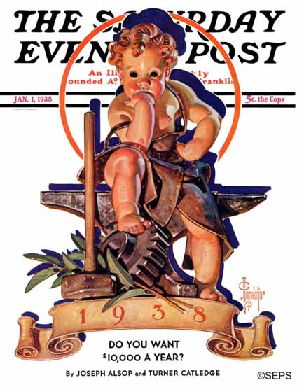 JC Leyendecker Saturday Evening Post Baby New Year Forge 1938_01_01 | The Saturday Evening Post Graphic Art Covers 1931-1969