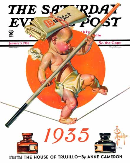 JC Leyendecker Saturday Evening Post Balancing the Budget 1935_01_05 | The Saturday Evening Post Graphic Art Covers 1931-1969