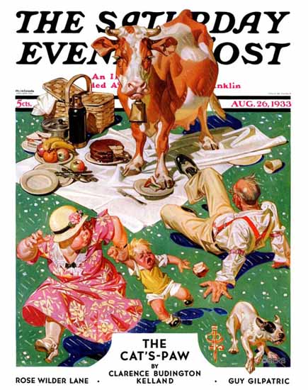 JC Leyendecker Saturday Evening Post Cow Joins the Picnic 1933_08_26 | The Saturday Evening Post Graphic Art Covers 1931-1969