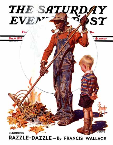 JC Leyendecker Saturday Evening Post Raking Leaves 1937_11_06 | The Saturday Evening Post Graphic Art Covers 1931-1969