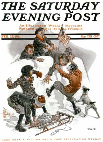 JC Leyendecker Saturday Evening Post Snowball Fight 1911_02_25 | The Saturday Evening Post Graphic Art Covers 1892-1930